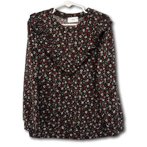 Kids Long Sleeve Pheasant Shirt Front Frills Floral Red Black Girls Size Large 8